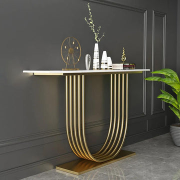 47.2" White Solid Wood Narrow Console Table Gold Metal Pedestal Entryway Table